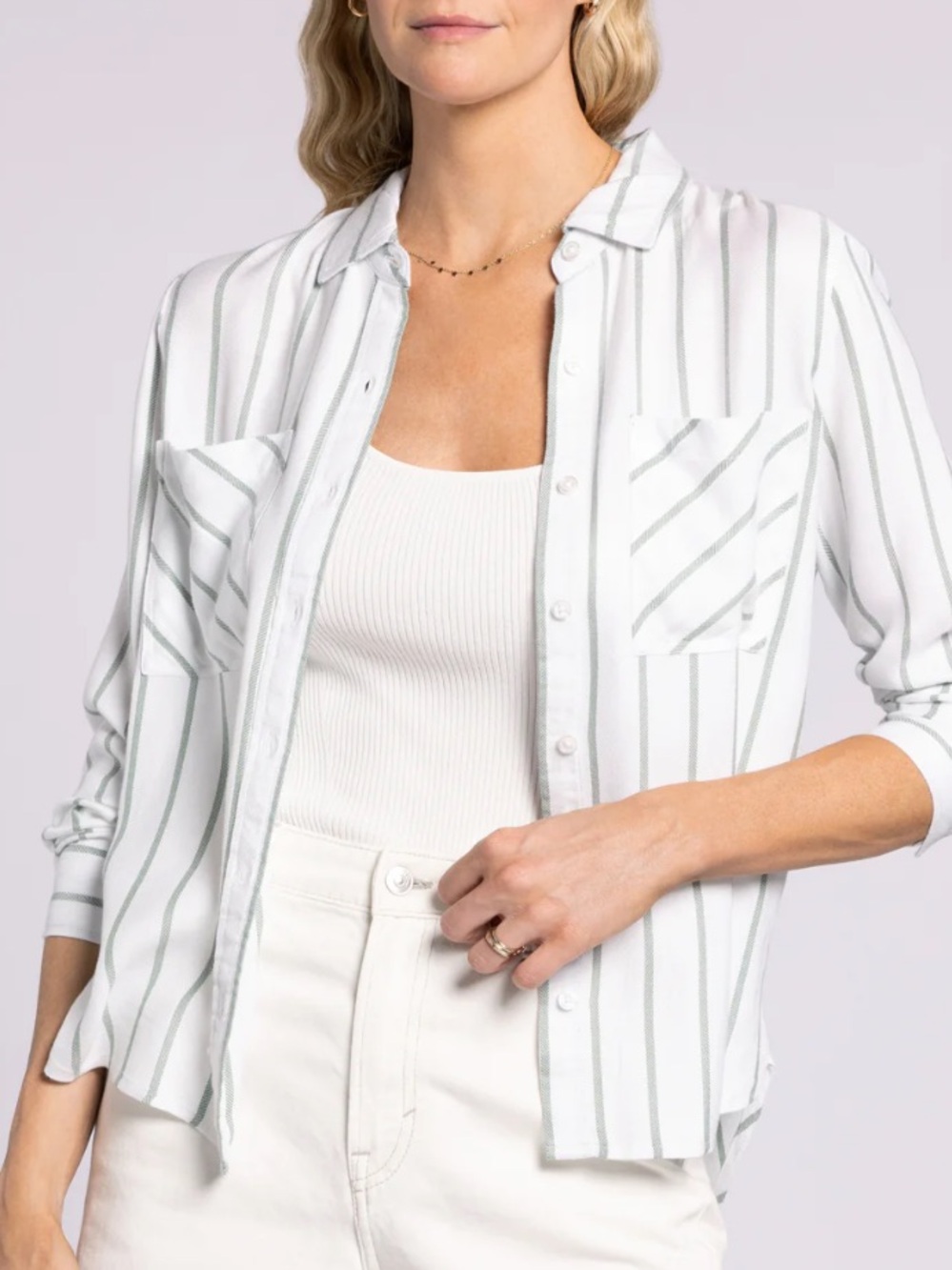 Thread & Supply Cream Shirt with Dusty Rose Stripes